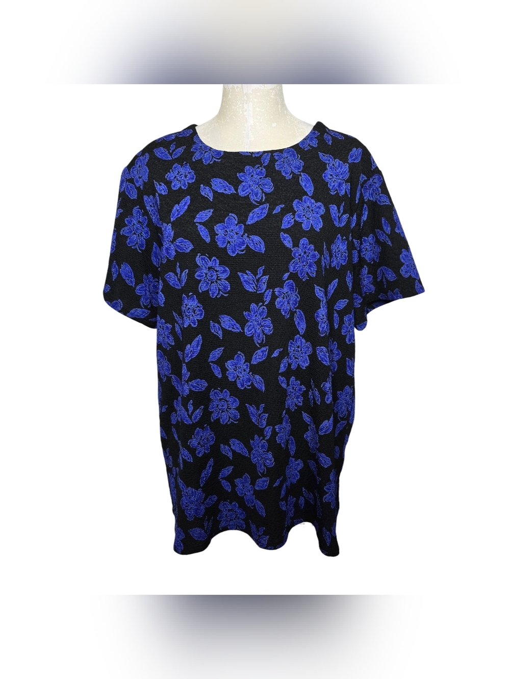Lori Lundon Floral Blouse Padded Shoulders 2X Blue Black Short Sleeves Keyhole